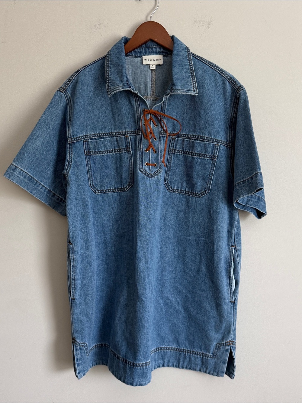 Miou Muse Denim Mini Dress M Suede Lace Up Shift Utility Western Relaxed Shift